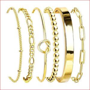 18k Gold Plated Bracelet Set 6 Piece Stackable Bangle Cuff